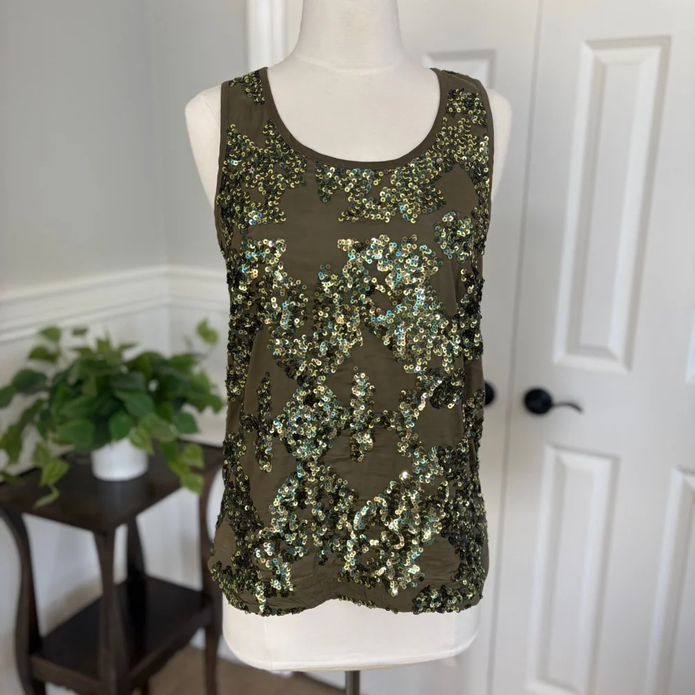 J. Crew Green Camo Iridescent Sequin Tank Top